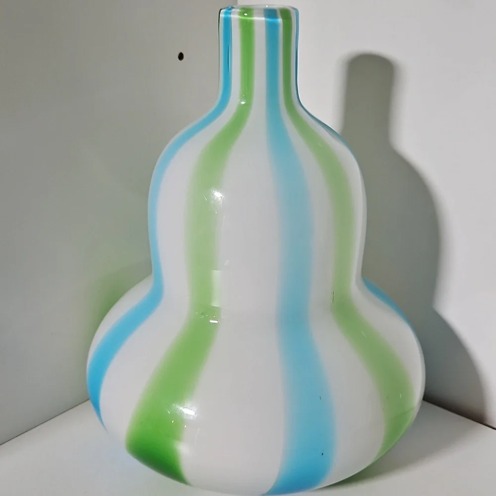Handblown Post-Modern Blue Green Striped Art Glass Double Gourd Vase